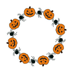 Simple vector circle frame with spiders and pumpkins.