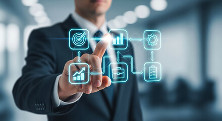 Business strategy process automation touch screen technology concept businessman planning digital transformation charts
