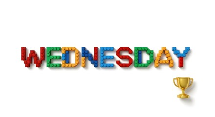 The word WEDNESDAY spelled out in colorful building blocks with a golden trophy on a clean white background.