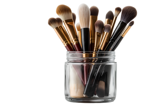 Assorted Makeup Brushes in Glass Jar Beauty Tools for Applying Cosmetics