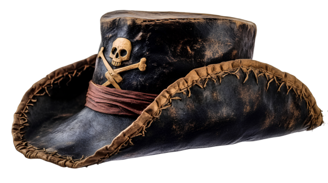 Antique Pirate Hat with Skull and Crossbones Emblem for Costume or Stage Prop Isolated