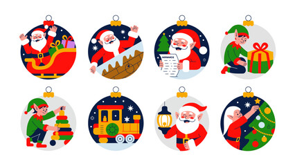 Joyful Christmas Ornament Collection: A delightful collection of festive Christmas ornaments, each adorned with a unique holiday scene featuring charming elves and Santa.