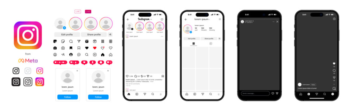 Instagram template app screens on Apple Iphone mockup set. Realistic Instagram interface on smartphone: profile, post, message, shop, icons set. Editable text and blank frames. Editorial Vector.