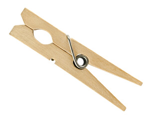 One classic wooden clothespin for linen isolated on a transparent background. Full depth of field. PNG.