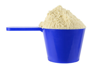 Protein powder in a measuring spoon isolated on a transparent background. Full depth of field. PNG.