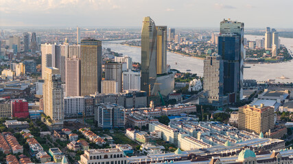 Skyline cityscape view of the river waterfront of Phnom Penh with the Tonle Sap and Mekong river...
