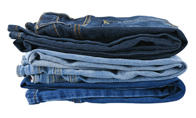 Stack blue jeans isolated on a transparent background. Full depth of field. PNG.