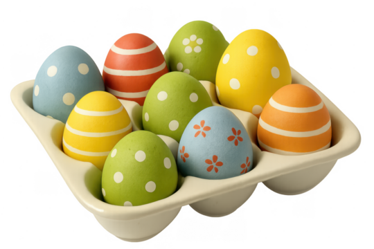 Colorful easter eggs in tray with transparent background