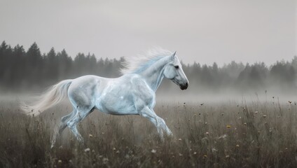 Majestic White Horse Galloping Through a Misty Field.
