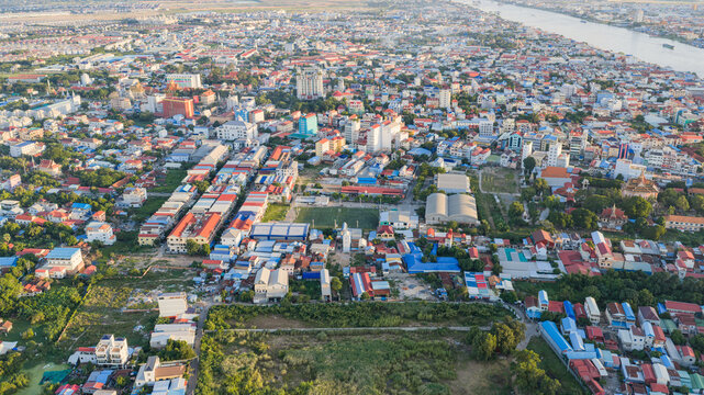 Fototapeta Cityscape view of the capital city skyline of Phnom Penh, Cambodia located in South East Asia