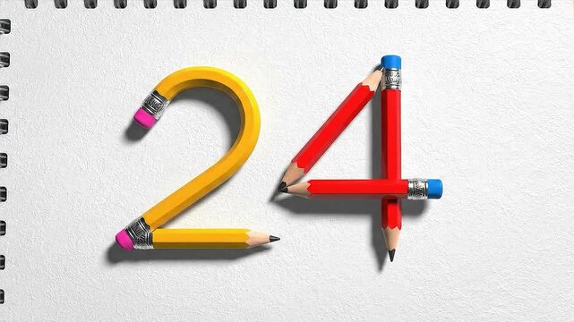 Video animation of pencils and numbers 2 and 4 combined to represent the number 24