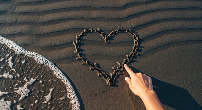Heart drawn in sand by hand symbolizing love romance affection - Powered by Adobe