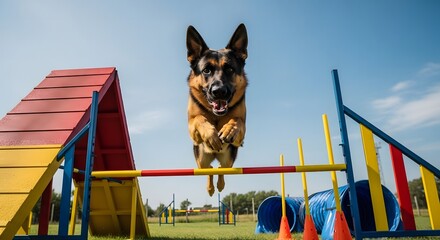An athletic German Shepherd dog in mid-air, jumping over a hurdle on a sunny day at an outdoor agility course.