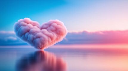 Fototapeta na wymiar A pink cloud shaped like a heart floats above the water, reflecting and refracting its colors across the surface. 