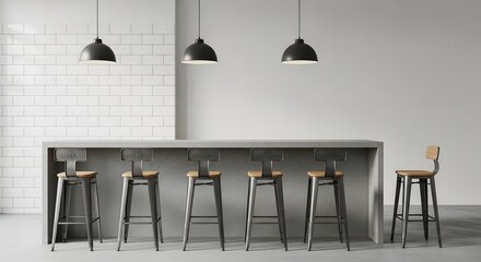 Minimalist bar counter with industrial stools and pendant lights in a modern interior