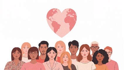 Heart Globe Unity – Diverse People Standing Together Vector styled Cartoon