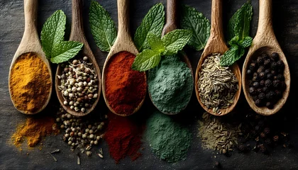 Tableau sur plexiglas Cuisine Wooden spoons with colorful spices and herbs including turmeric, coriander, paprika, spirulina, dill, and peppercorns, garnished with fresh mint leaves on dark background.  © Yuliia