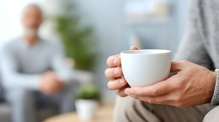 Hands holding white coffee cup during therapy session, with blurred senior male patient in background, creating calm atmosphere for psychological counseling.