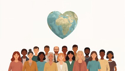 Heart Globe Unity – Diverse People Standing Together Vector styled Cartoon