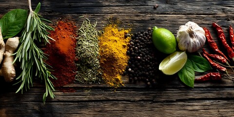 Colorful spices and fresh herbs arranged in a row on rustic wooden background with garlic, lime, and chili peppers.