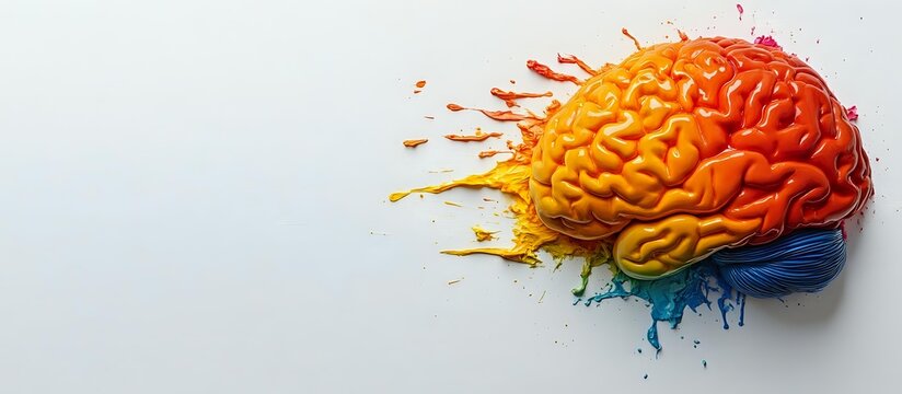 Colorful human brain model with paint splash effect in vibrant orange, red, yellow, and blue tones on white background, representing creativity and neuroscience.