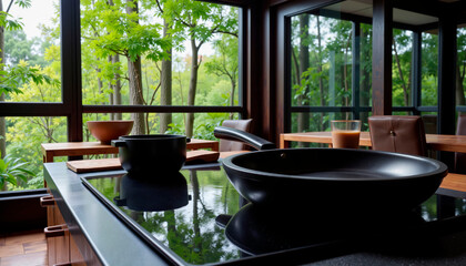 Sleek black induction cooktop with pans in forest view kitchen, culinary elegance