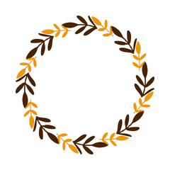 Vector simple circle frame. Hand drawn leaves, branches and feathers.