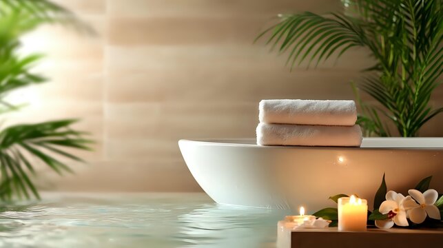 Luxurious spa bathroom with white bathtub, folded towels, glowing candles and tropical plants creating serene wellness atmosphere for relaxation and self-care. - Powered by Adobe