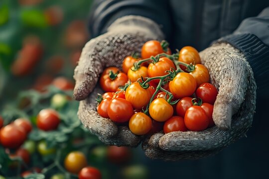 Farmer holding fresh harvested cherry tomatoes in woolen gloves, showcasing organic produce from garden. - Powered by Adobe