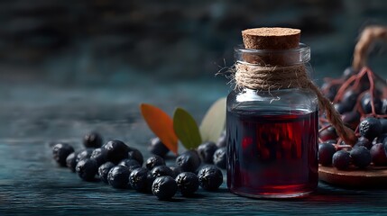 Small glass bottle with red berry extract surrounded by fresh blueberries on rustic wooden surface, ideal for natural food photography.