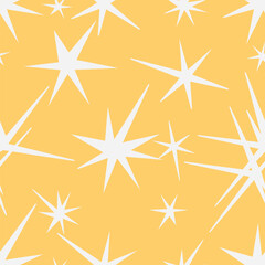 A cheerful vector seamless pattern featuring abstract stars scattered across a vibrant, bright yellow background. This energetic, minimalist design is perfect for children's decor, summer textiles