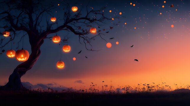 Magical Halloween landscape with glowing jack-o-lanterns hanging from bare tree branches against twilight sky with flying bats and floating lanterns. - Powered by Adobe