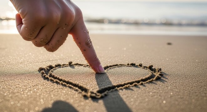 Hand drawing a heart shape on sand at the beach love symbol concept