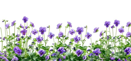 Purple violets growing in row on white background, isolated floral border design element for garden themes and spring season projects.