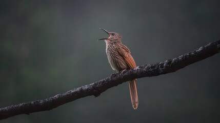 trumpet. Trumpet bird perched on a jungle branch at dawn, beak open, misty forest background. wildlife magazines, conservation campaigns, designed for wildlife conservation campaigns.