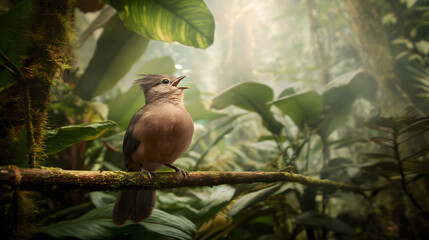 trumpet. Trumpet bird perched on a jungle branch at dawn, beak open, misty forest background. wildlife magazines, conservation campaigns, designed for wildlife conservation campaigns.