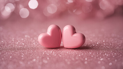 Obraz premium Two pink hearts on a pink glittery background, a symbol of love and romance