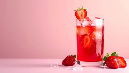 A glass of refreshing iced strawberry drink filled with ice cubes and sliced fresh strawberries