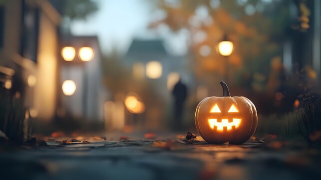Glowing jack-o-lantern on autumn pathway with bokeh lights and fallen leaves creating spooky Halloween atmosphere at dusk. - Powered by Adobe