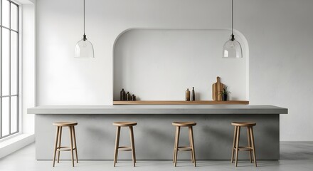 Minimalist white kitchen interior with bar counter stools and arched niche wall decor