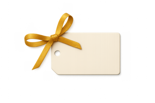 Blank gift tag with golden bow on transparent background