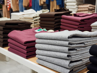 Colorful T-shirts, neatly folded, lie in a stack on the shelves of a clothing store.