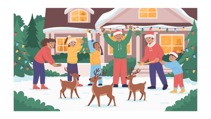 Holiday Decorating: A family joyfully decorates their house with festive lights during the holiday season, evoking warmth and togetherness.