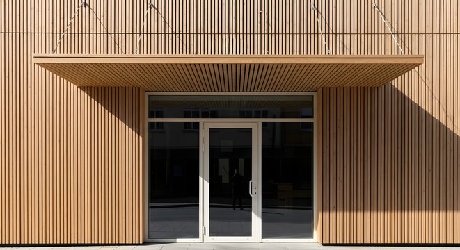 Modern building entrance with vertical wood slat cladding and a minimalist canopy