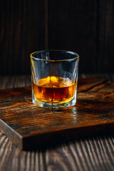 Strong alcohol drink. Whisky in glass, Whisky, bourbon or cognac. Hard strong alcoholic drink