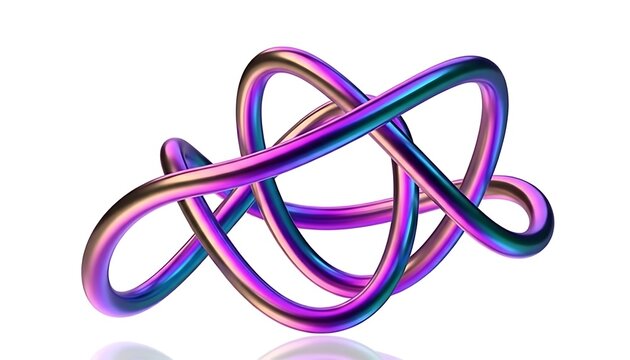 Abstract iridescent metallic knot sculpture with complex interwoven loops against a white background