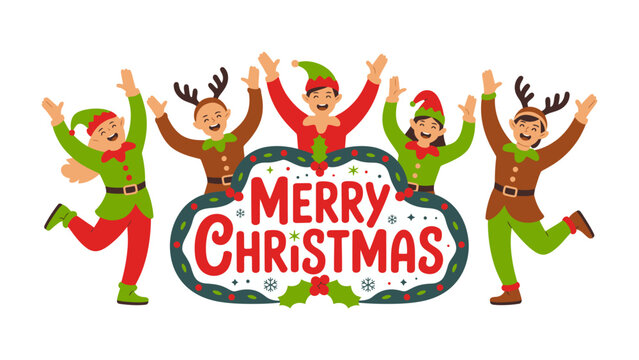 Festive Elves Greeting Christmas: joyful elves exude holiday cheer in a vibrant Christmas-themed image. Expressing season's greetings with joyful exuberance.