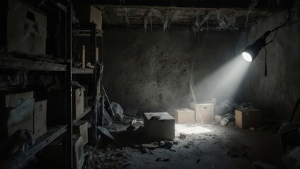 Dark and Dusty Basement Illuminated by a Single Spotlight.