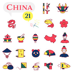 A set of icons in red, white, and yellow, dedicated to life in China.