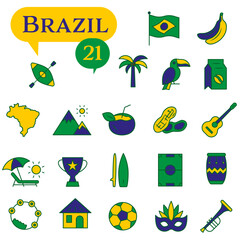 A set of icons in green and yellow tones dedicated to life in Brazil.